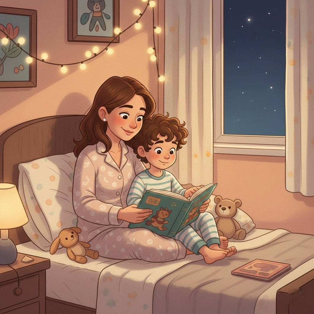 Parent and child reading together in bed during bedtime routine